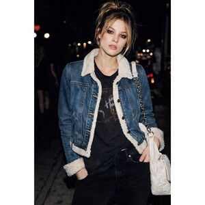 Vtg Joujou Blue Denim Sherpa Lined Cropped Trucker Jacket Junior XL Indie Sleaze